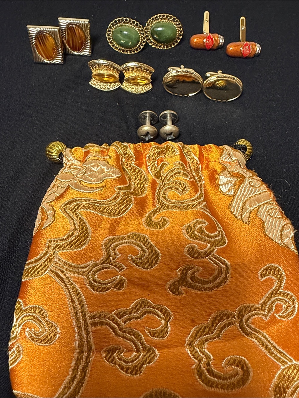 Gold-Tone Green and Amber Cufflink Set - Elegant Women's Jewelry